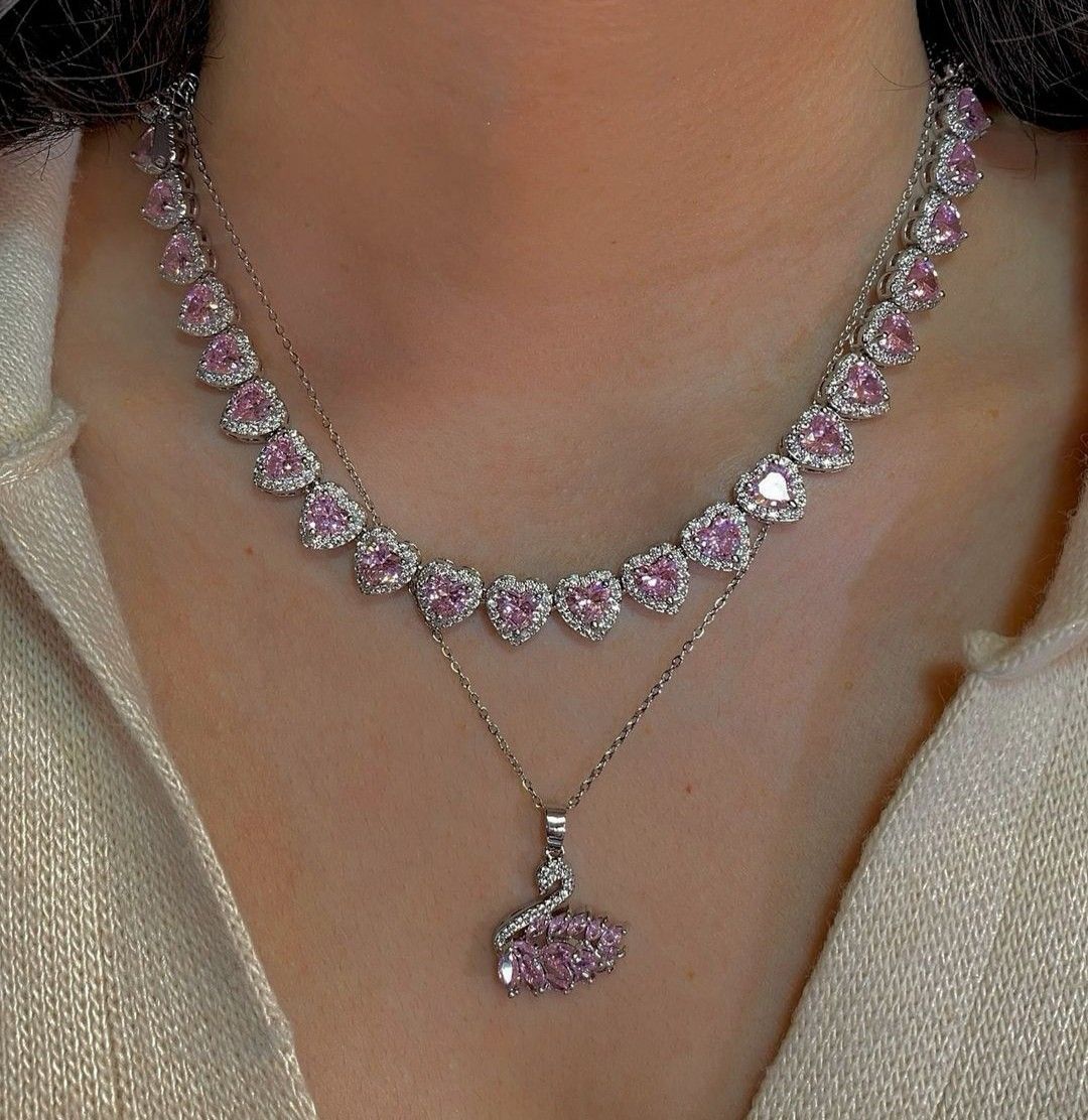 Pink Heart Tennis Necklace