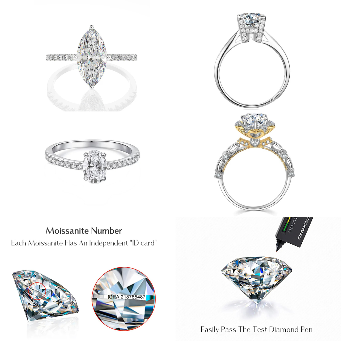 Moissanite Rings - GRA Certified - Pass Test Diamond Pen
